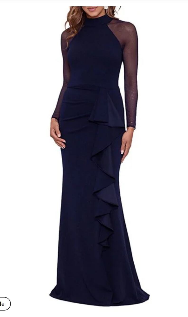 Betsy & Adam Size 16 Navy Mock Neck Illusion Sleeve Ruffle Formal Gown